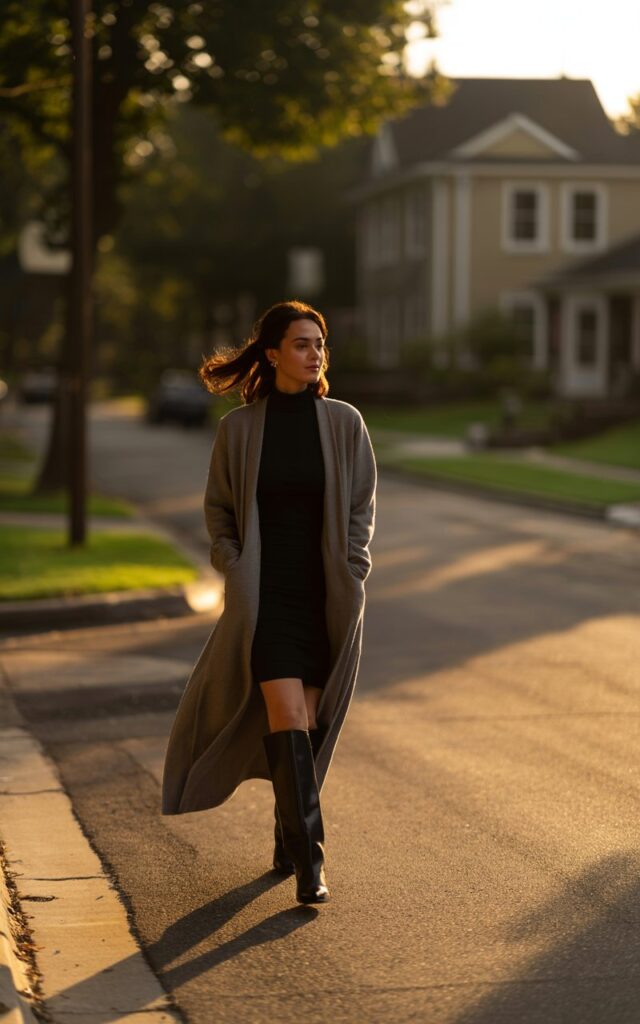 Suburban street scene at golden hour. The model wears a taupe longline cardigan over a fitted turtleneck dress and knee-high boots. Her hair flows gently in the breeze. She’s walking casually, hands in pockets, glowing in soft light.