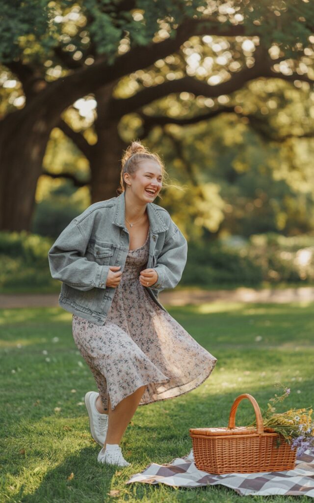 Sunny park scene. Model in a floral sundress with a light-wash oversized denim jacket, white sneakers, and messy bun. Standing casually with a picnic basket, candid mid-laugh.