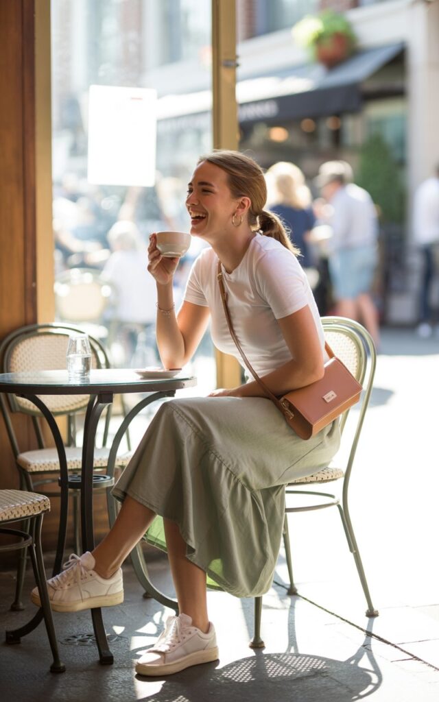 Urban café setting with soft daylight. The woman wears a white fitted tee layered under a sage-green strappy midi dress, with white sneakers and a crossbody bag. Her hair is styled in a casual ponytail, and she’s seated at a bistro table, laughing candidly while sipping coffee.