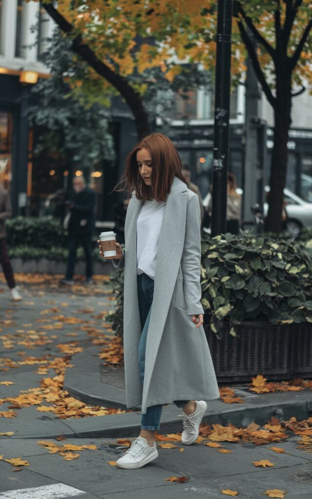 Urban city corner in fall. Model with chestnut hair tucked behind ears wears a gray longline coat, white tee, jeans, and white sneakers. Natural daylight, candid walking pose. She holds a coffee cup and looks effortlessly cool.