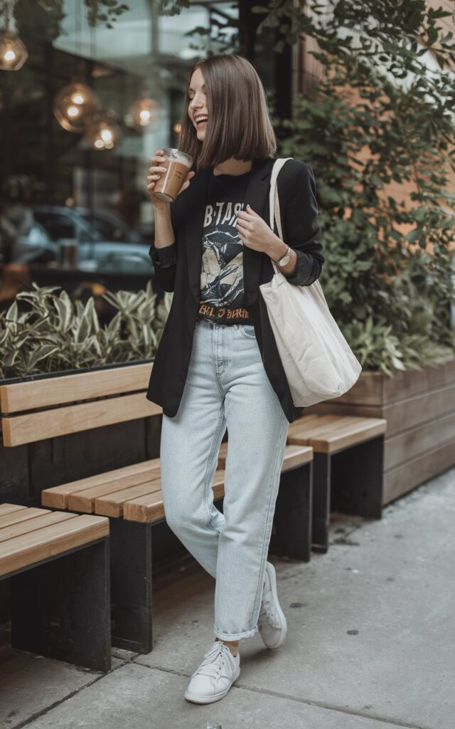 Urban coffee shop exterior scene. White-skinned brunette model with shoulder-length bob wears a black blazer, vintage band tee, and light-wash mom jeans. Paired with white sneakers and a tote bag. Natural daylight, candid mid-laugh pose while sipping iced coffee. Effortless cool-girl charm.