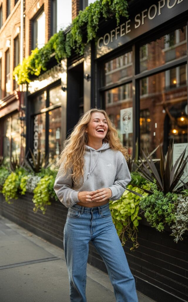 Urban coffee shop exterior. The woman wears a cropped gray hoodie with high-rise blue jeans and white sneakers. Her wavy blonde hair flows naturally. She’s laughing mid-conversation, golden afternoon light making the moment look candid and carefree.