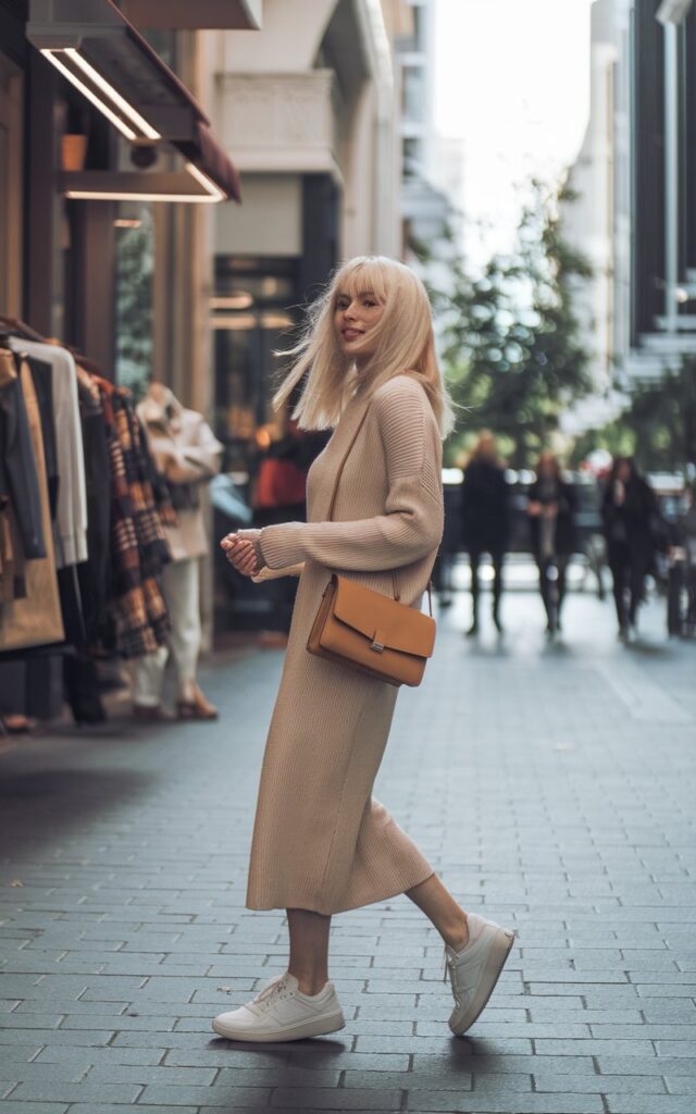 Urban daytime photo of a white-skinned woman with shoulder-length blonde hair, wearing a beige sweater dress, white sneakers, and a tan crossbody bag. She’s strolling through a city street lined with boutiques. Natural daylight, soft shadows, expression relaxed and content.