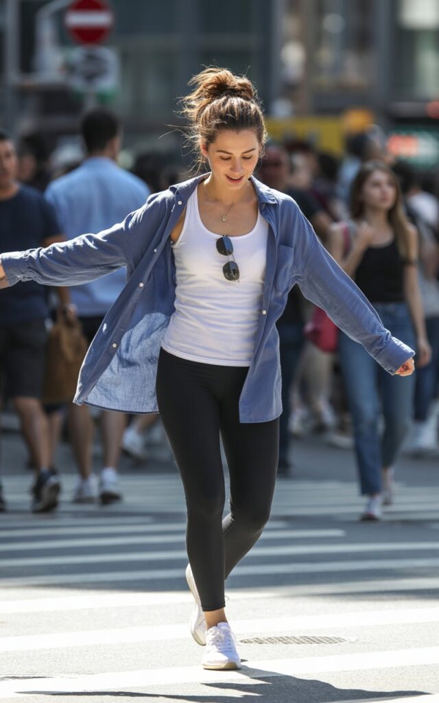 Urban lifestyle photo at a crosswalk. She wears a loose blue button-down over a white tank top and black leggings with white sneakers. Her hair is tied up messily with sunglasses on her head. Natural daylight captures her candid mid-step energy.