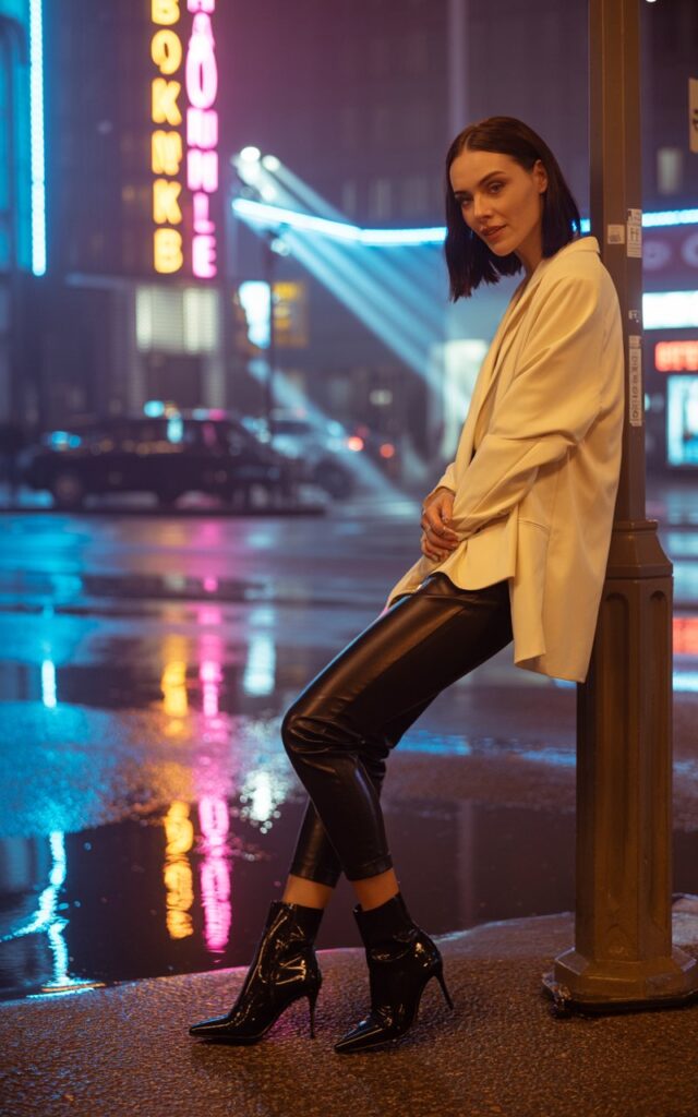 Urban night scene of a white-skinned woman with sleek black hair wearing fitted black leather pants, oversized cream sweater, and stiletto boots. Neon reflections on wet pavement create a cinematic mood. She’s leaning on a streetlight, half-smiling with a confident, bold pose.