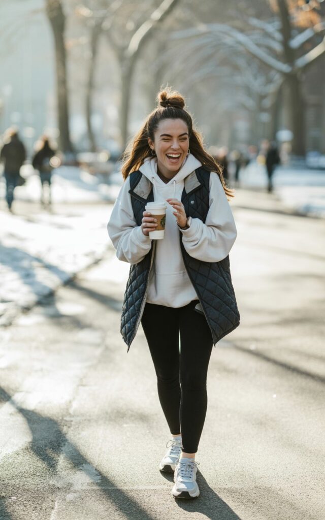 Urban park pathway with bright winter sunlight. The model sports a white hoodie layered under a navy quilted vest, paired with leggings and chunky sneakers. Her hair is in a high messy bun. She’s mid-laugh, holding a coffee cup with a relaxed posture.