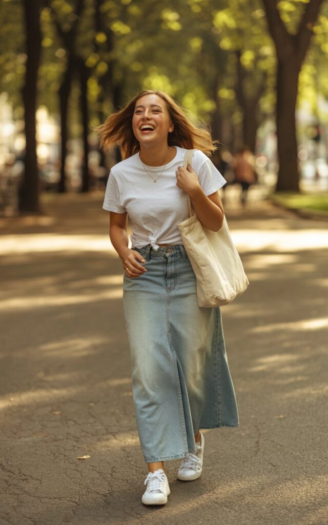 Urban park setting with sunlight streaming through trees. The model wears a light-wash denim maxi skirt with a white tucked-in cotton tee and white sneakers. A canvas tote hangs from her shoulder, and her hair falls naturally in loose waves. She’s caught mid-laugh, walking casually.