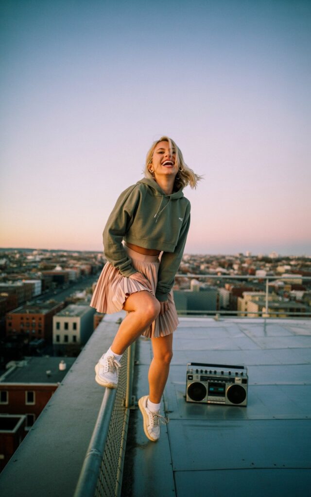 Urban rooftop at sunset. Model in a cropped grey hoodie layered over a blush pleated skirt, paired with sneakers. Sitting on the edge of a railing, candid laugh, sporty-girly vibe.