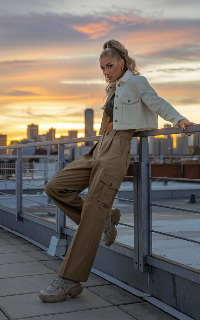 Urban rooftop during sunset. Model wears khaki tailored cargo pants, white cropped jacket, and chunky sneakers. Hair styled in a high ponytail. She’s leaning against a railing with a confident stance, city skyline behind her.