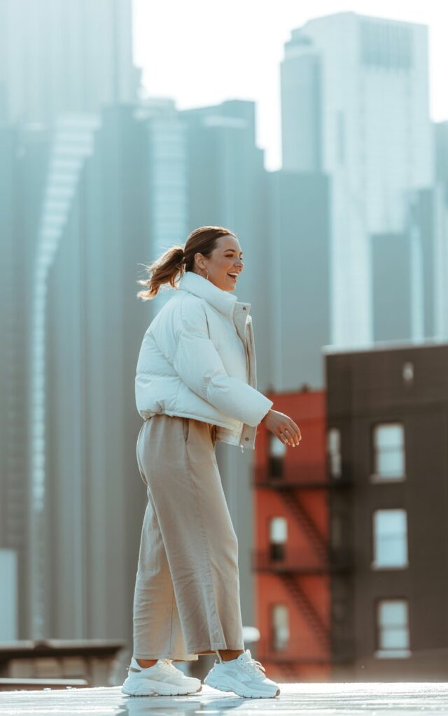 Urban rooftop setting with cool daylight. She’s wearing a white cropped puffer jacket, wide-leg beige pants, and chunky sneakers. Her hair is in a loose high ponytail, and she’s laughing candidly while looking off-camera. Background shows city buildings blurred softly.