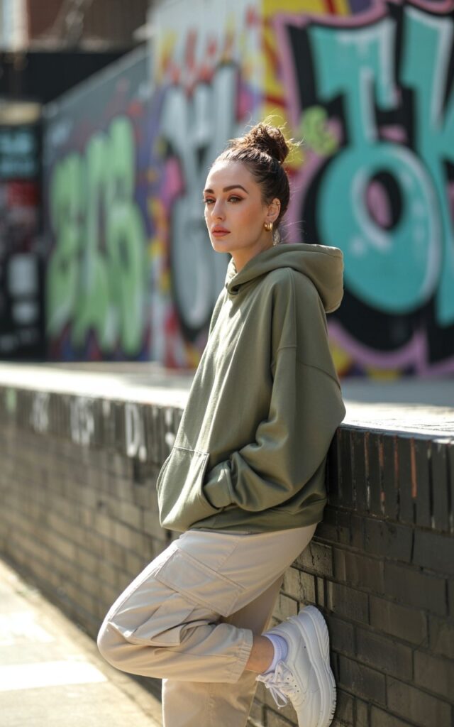 Urban street backdrop with graffiti art. The model wears an oversized olive hoodie with beige cargo pants and chunky sneakers. Her hair is tied in a high bun, natural makeup with a hint of gloss. She leans against a wall, hands in pockets, looking effortlessly cool.