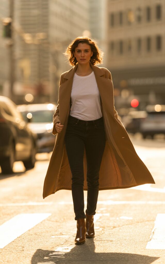 Urban street in soft golden hour light. Model walks toward camera wearing a camel longline coat over a white tee and fitted black jeans, paired with ankle boots. Hair in soft curls. Background slightly blurred for depth. Expression confident, mid-step motion shot.