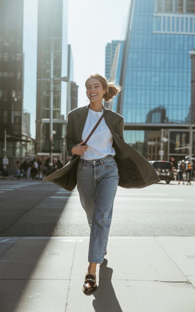 Urban street scene with reflective glass buildings. Model walks confidently, wearing a gray blazer over a white tee and vintage-wash jeans with loafers. Crossbody bag and messy bun complete the look. Lighting bright morning sun. Pose mid-stride, casual smile, motion in coat for realism.
