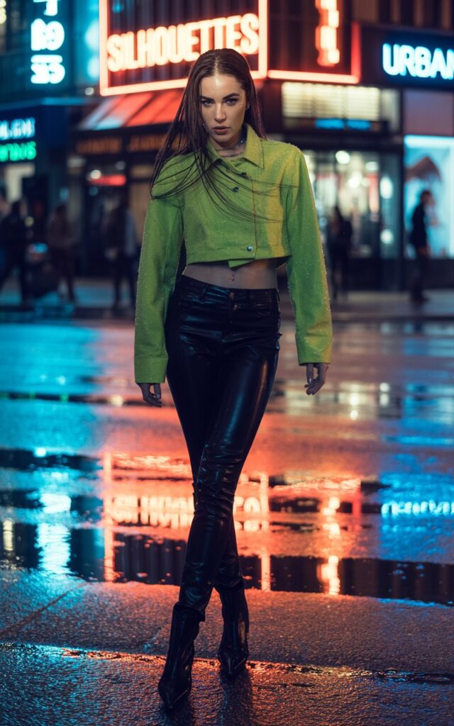 Urban street shot at night with neon lights glowing in the background. The model wears a lime-green cropped neon jacket, black skinny jeans, and pointed boots. Her hair is styled sleek and straight. She stands with one foot forward and a fierce expression, looking directly at the camera.