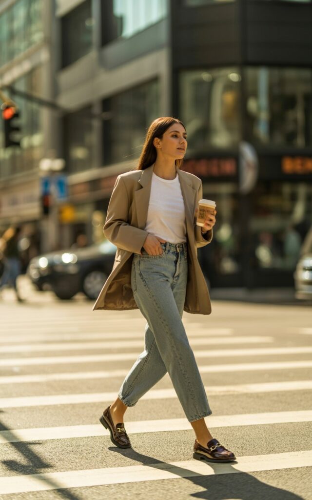Urban street-style shot in downtown city light. The model wears an oversized beige blazer, white tee, high-waisted mom jeans, and loafers. Her hair is sleek, and she holds a coffee cup, crossing the street confidently under morning light.