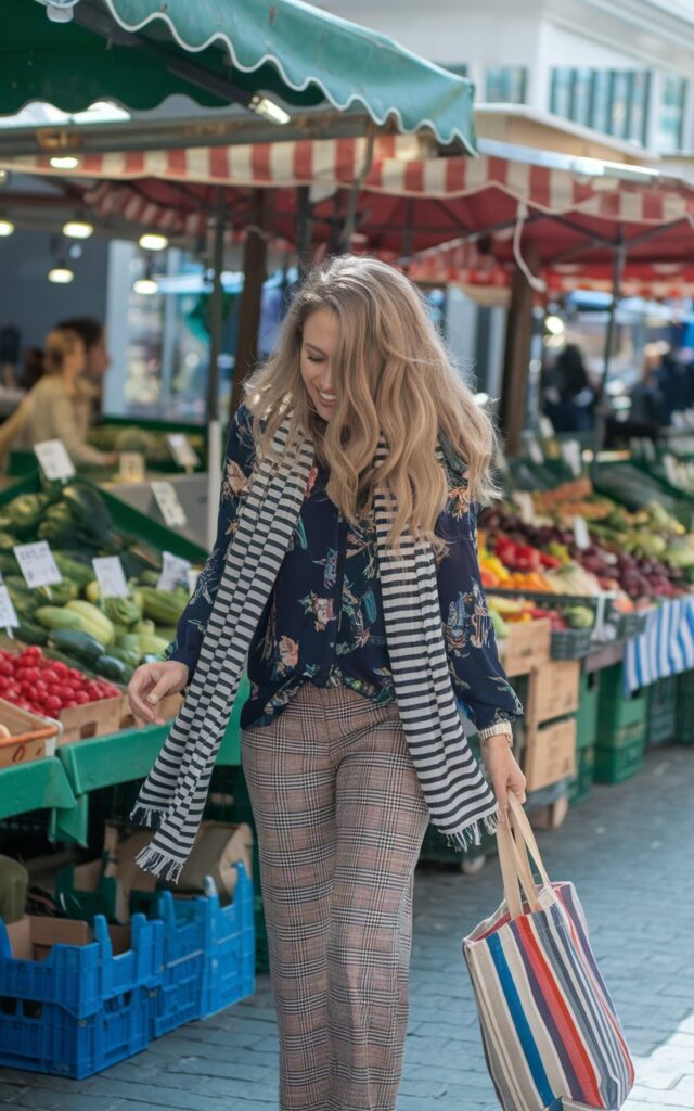 Vibrant outdoor market scene. Model wears a mix of plaid pants and a floral blouse, layered with a striped scarf. Her hair is in loose curls, and she’s laughing mid-motion while holding a tote bag. Bright daylight adds cheerful, editorial contrast.