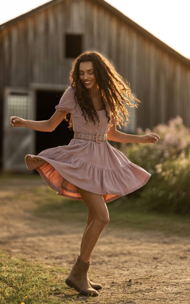 White-skinned brunette model with long wavy hair, wearing a dusty pink tiered mini dress, statement belt, and suede boots. Captured in a rustic countryside barnyard during golden hour. She’s twirling playfully, skirt in motion, smiling brightly. Warm tones and soft sunlight enhance the romantic vibe.