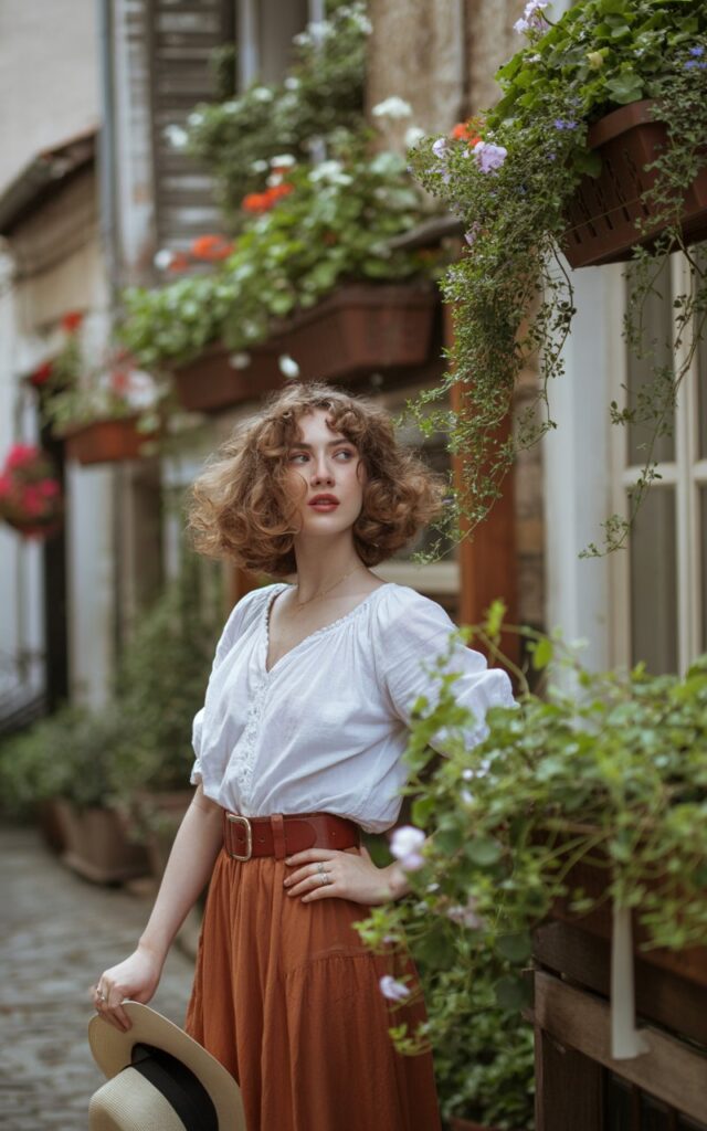White-skinned brunette woman with soft curls wearing a white peasant blouse tucked into a rust-colored midi skirt with a brown leather belt. Scene set in a rustic cobblestone street lined with flowers. Natural daylight, soft shadows. She’s standing gracefully, holding a sunhat in one hand, with a dreamy, reflective expression.