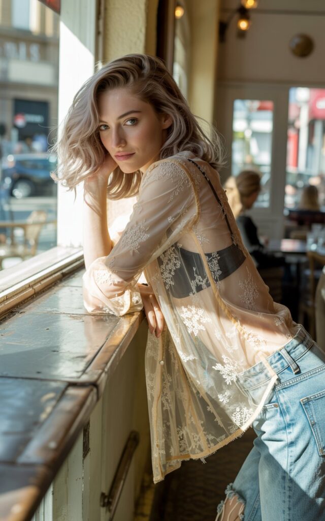 White-skinned model with ash-blonde waves wearing a sheer lace blouse over a bralette, paired with ripped jeans and heeled boots. Indoor café with window light spilling in. She’s leaning on a wooden counter, soft smile, sunlight highlighting lace texture. Casual yet romantic mood.