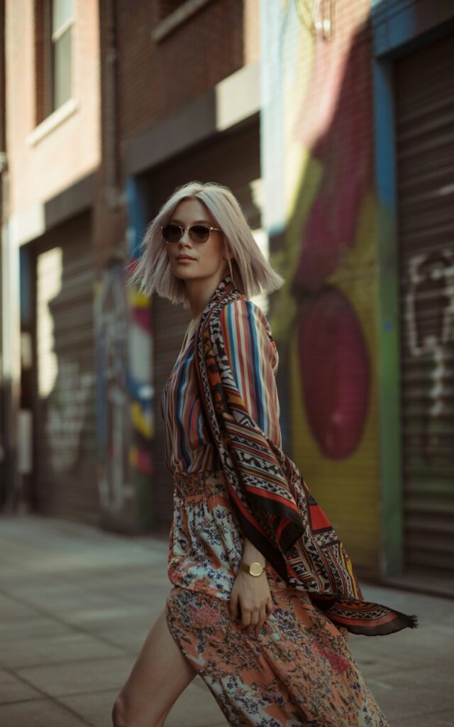 White-skinned model with shoulder-length platinum hair wearing a mix of bold patterned prints — striped top, floral skirt, tribal scarf. Urban street setting with textured walls and street art. Natural daylight. She’s standing confidently, one foot forward, sunglasses on, slight smirk. Editorial yet effortless.