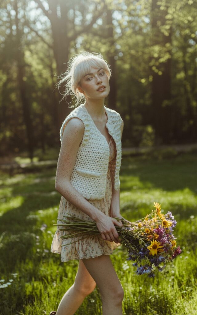 White-skinned redhead with freckles, wearing a cream crochet vest over a floral mini dress and ankle boots. Shot in a sun-dappled forest clearing. Natural morning light filtering through trees. She’s turning slightly mid-step, looking carefree, holding a wildflower bouquet. Whimsical, nostalgic mood.