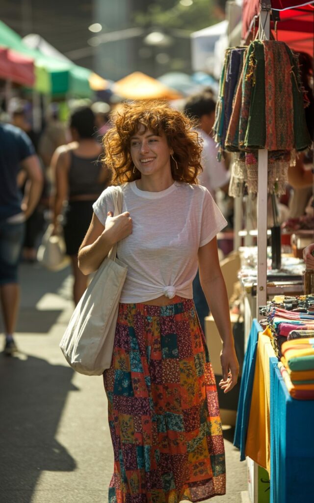 White-skinned woman with curly auburn hair, wearing a colorful patchwork maxi skirt and knotted white tee. Outdoor artisan market setting with colorful stalls. Natural midday light. She’s walking through the market, tote bag on shoulder, smiling candidly.