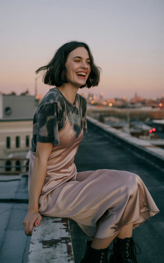 White-skinned woman with dark bob haircut wearing a satin slip dress layered over a vintage band tee, paired with combat boots. Urban rooftop at sunset. She’s leaning against a railing, laughing, hair blowing in the wind. Lighting is moody with orange-pink sky tones, giving a cool rock-meets-boho vibe.
