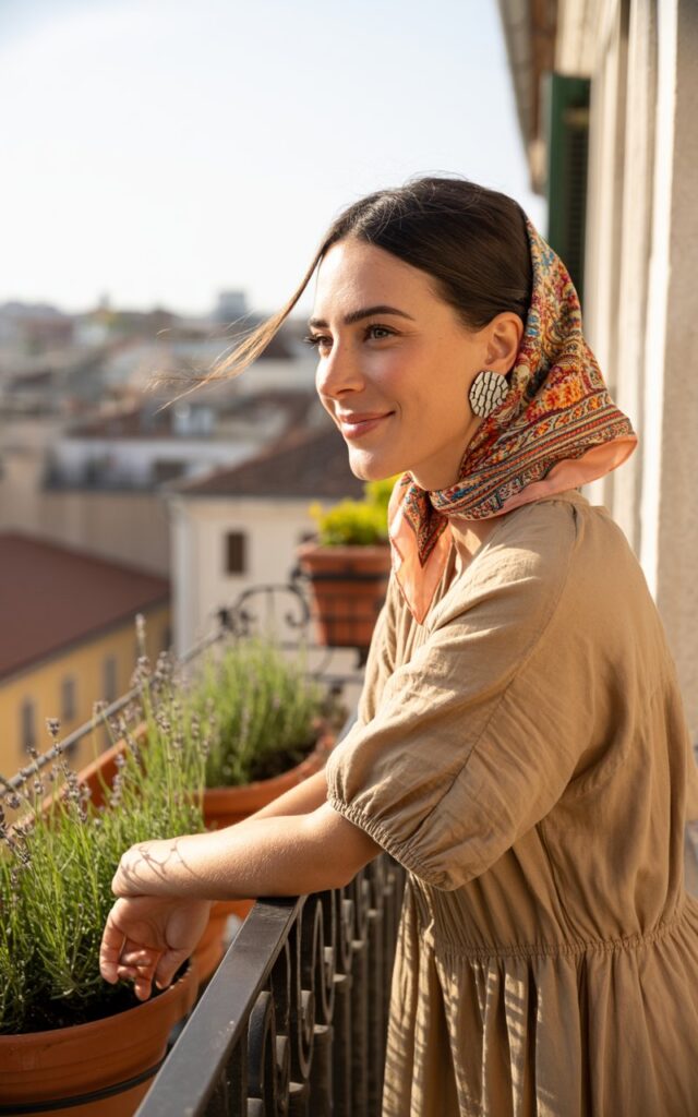 White-skinned woman with dark brown hair pulled back, wearing a patterned silk headscarf and bold earrings. Neutral-toned outfit for balance. Captured on a sunlit city balcony during golden hour. She’s leaning on the railing, slight smile, soft breeze lifting a strand of hair. Chic, authentic, and full of life.