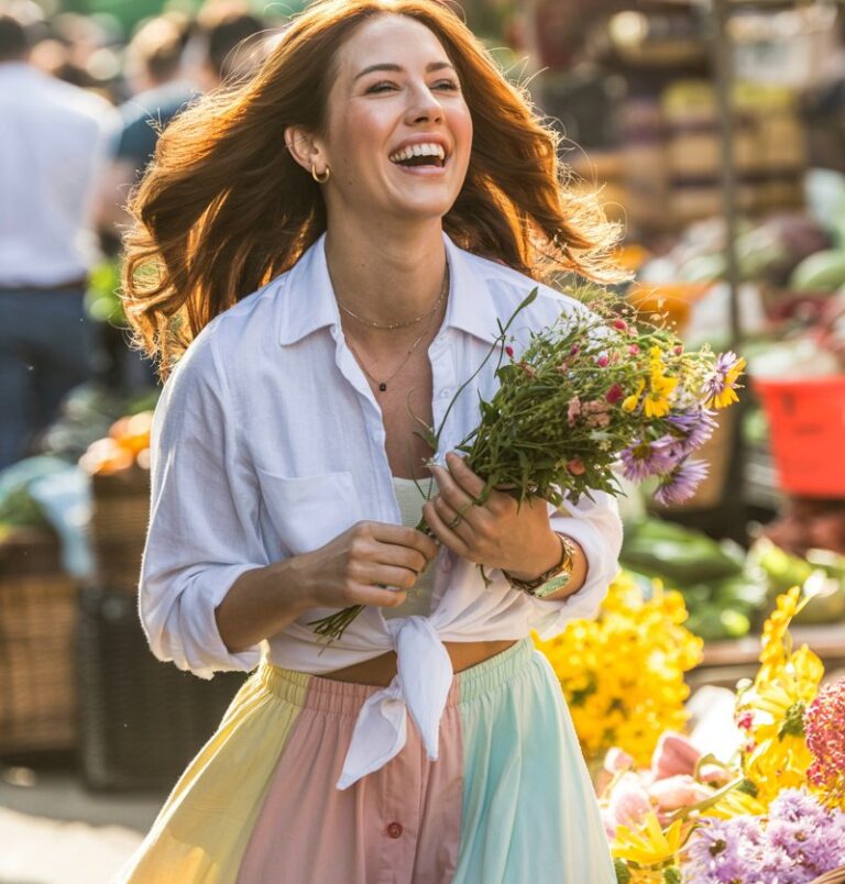 White-skinned woman with long brunette hair in loose waves, wearing a pastel tiered skirt and white button-down tied at the waist. Captured at a weekend farmers market with fresh flowers and baskets around. Bright daylight. She’s laughing while holding a bouquet, skirt catching motion, candid smile.