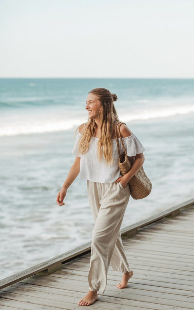 White-skinned woman with long sandy-blonde hair in a half-up style, wearing a white ruffled off-shoulder top and beige linen pants. Shot in a coastal boardwalk setting under soft daylight. She’s walking barefoot with a woven tote, smiling freely, with ocean waves behind her. Light and airy color palette.
