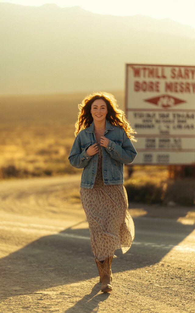White-skinned woman with long wavy brunette hair, wearing a denim jacket over a printed boho maxi dress and brown cowboy boots. Captured on a dusty roadside with vintage signage. Golden hour lighting. She’s walking toward the camera, holding her jacket collar lightly, eyes squinting into the sun.