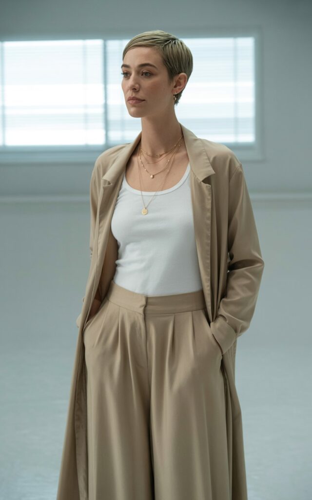 White-skinned woman with short sleek hair, wearing a beige duster coat over a white tank and flowy culottes, accessorized with gold layered necklaces. Modern minimalist indoor studio with soft window light. She’s standing tall, one hand in pocket, exuding quiet confidence.
