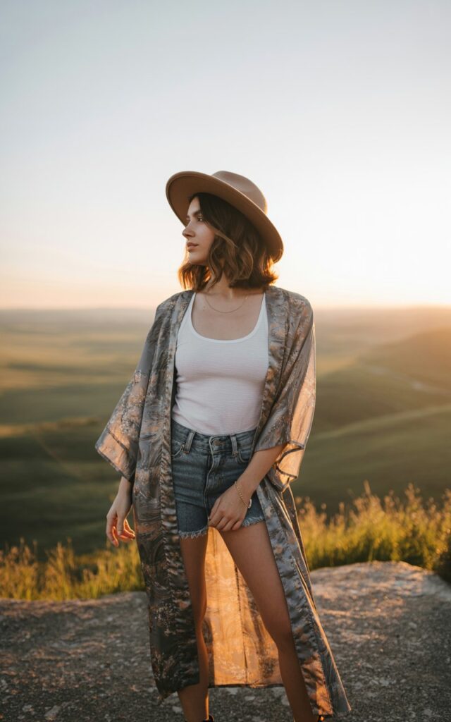 White-skinned woman with shoulder-length brunette waves wearing a long printed kimono, white tank, wide-brim tan hat, and ankle boots. Captured on a scenic overlook with open sky behind. Golden-hour glow, soft wind movement. She’s gazing into the distance, serene and free-spirited.