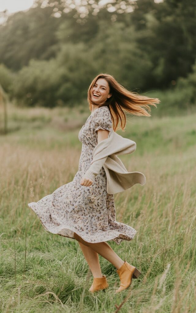 Woman in a floral midi dress with neutral accessories — tan boots, cream cardigan — standing in a field of tall grass. Soft natural light creates dreamy depth. Her hair flows naturally, and she laughs while twirling slightly, making the patterned dress the focal point.