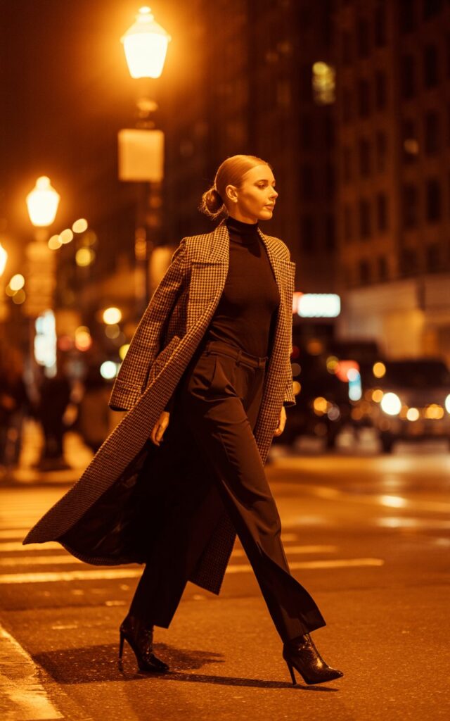 Studio shot of a tall white-skinned female model with straight brown hair slicked back. She’s in a cream monochrome tailored suit, structured shoulders, and pointed heels. Soft studio lighting highlights the fabric texture. She stands with crossed arms and a calm, powerful gaze — pure confidence and poise.