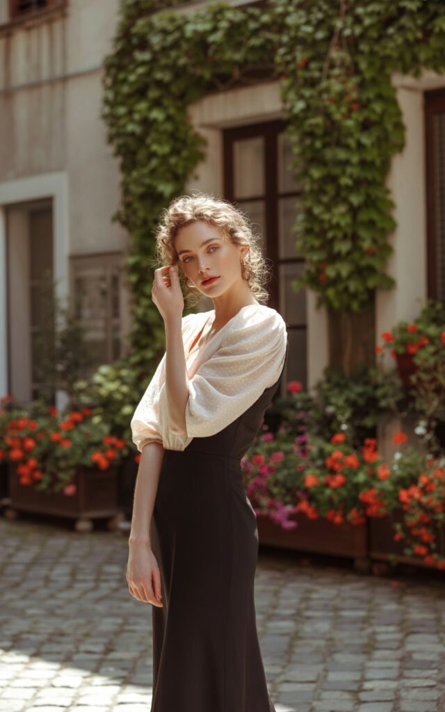 Full-body photo of a white-skinned model with delicate features and soft curls, wearing a fitted black midi dress layered over a white lace blouse. She’s standing in a cobblestone courtyard surrounded by ivy walls. Natural daylight adds a romantic glow. Her expression is serene, with one hand brushing her hair away.