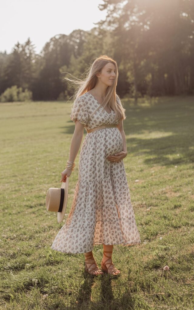 pregnant women White-skinned model in a tiered floral maxi dress and strappy sandals, standing in a sunlit meadow. Soft breeze catching her hair and dress, golden hour lighting, boho accessories like bangles and a straw hat.