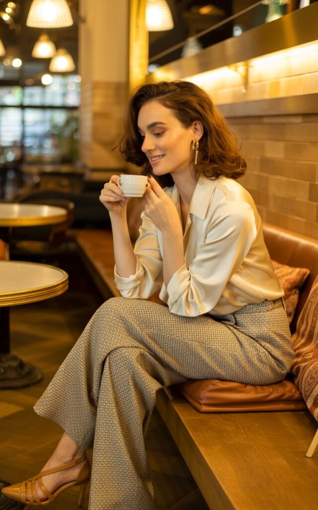A chic café corner with warm indoor light. The woman wears a cream blouse tucked into patterned wide-leg pants, small earrings, and strappy heels. Her hair is styled in loose waves. She sits gracefully, sipping coffee and smiling softly.