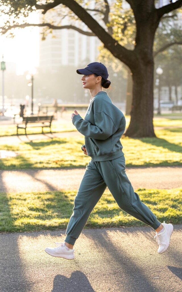 A city park in early morning light. The woman jogs lightly or stands mid-stride in a gray matching sweat set with white sneakers and a baseball cap. Her hair is tied in a low bun, makeup minimal. The natural daylight adds freshness and realism.