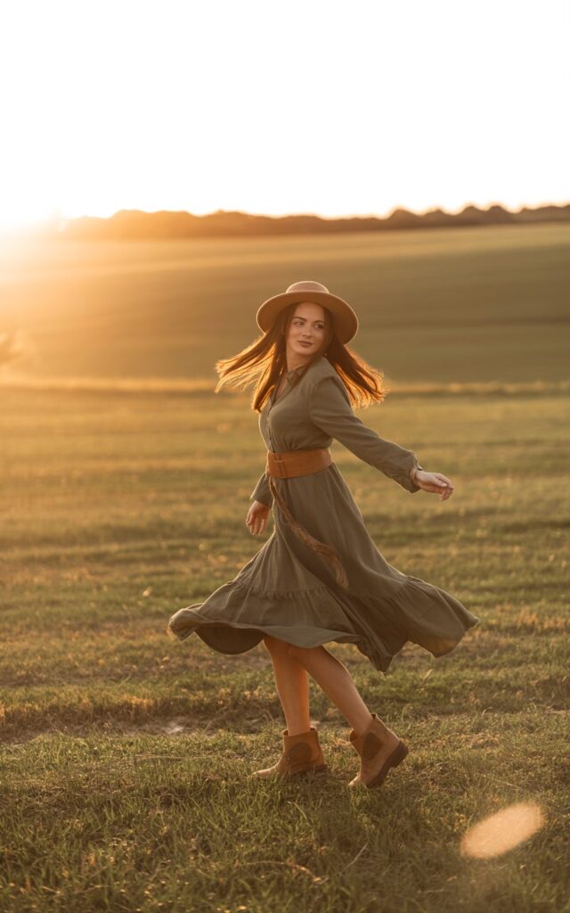 A countryside field at sunset. The woman wears a flowy olive-green dress cinched at the waist with a tan leather belt, brown ankle boots, and a floppy hat. Her hair flows freely in the breeze. The sunlight gives a warm golden tone to the scene as she twirls lightly.