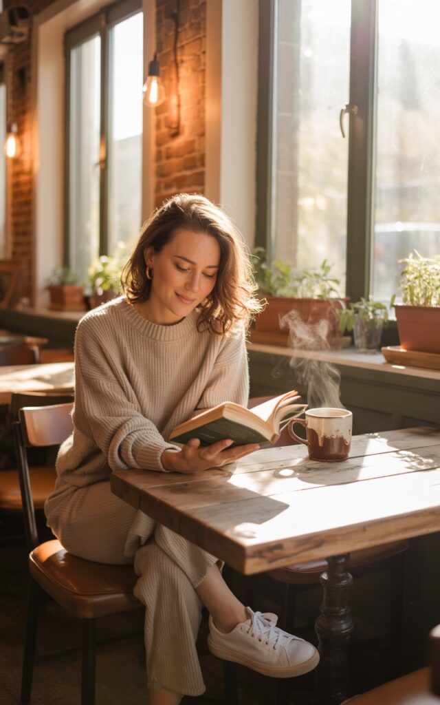 A cozy indoor café with soft morning light. The woman sits at a wooden table wearing a matching oatmeal knit sweater and pants set, paired with white sneakers. Her wavy hair is tucked behind one ear as she reads a book. The atmosphere feels warm and inviting.