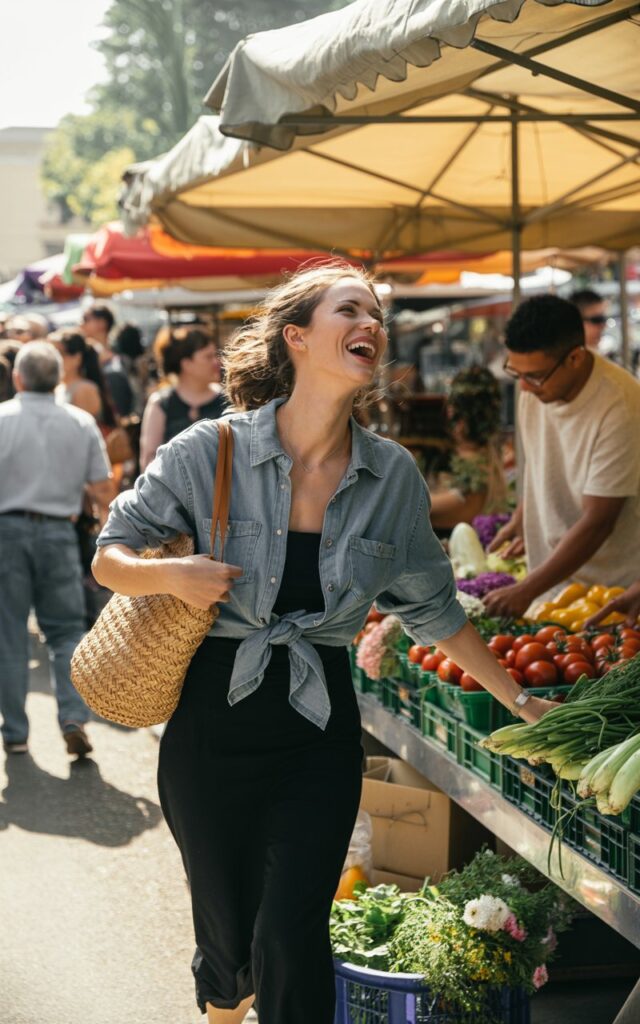 A daytime outdoor farmers’ market. The woman wears a fitted black dress with an unbuttoned light-wash denim shirt tied at the waist. She pairs it with sandals and a woven tote. Her hair is messy in a cute way, laughing mid-conversation with a vendor.