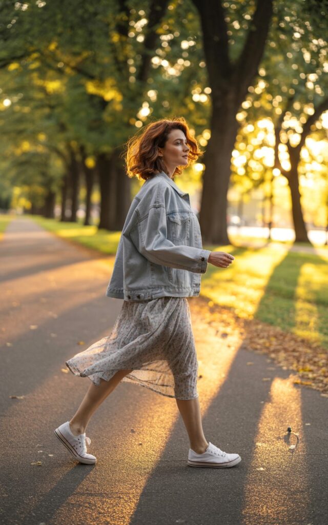 A full-body shot of a woman walking through a sunlit park path at golden hour. She wears a light denim jacket over a floral midi dress and white sneakers. Her wavy hair falls loosely around her shoulders, and she looks over her shoulder mid-step. The background glows with soft sunlight filtering through trees.