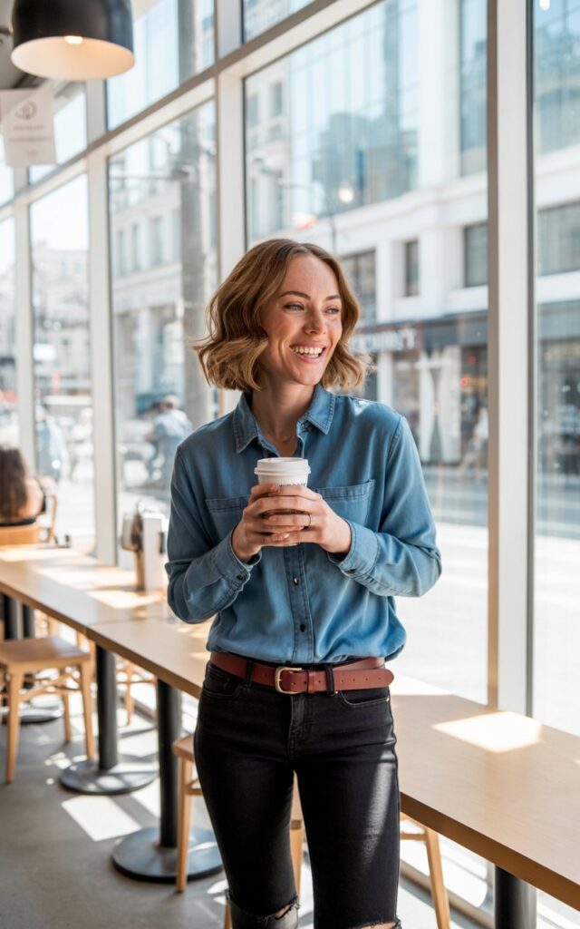 A modern coffee shop interior with large windows. The model wears a chambray denim shirt tucked into black skinny jeans, with ankle boots and a brown belt. Her hair is slightly wavy and parted center. She holds a takeaway cup, caught mid-smile in natural light.