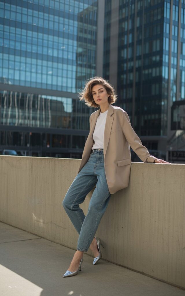 A modern urban setting with glass buildings behind her. The model leans casually against a wall wearing an oversized beige blazer, white tee, and medium-wash jeans with pointed-toe heels. Her short wavy hair frames her face naturally. The lighting is bright midday sunlight with soft shadows.