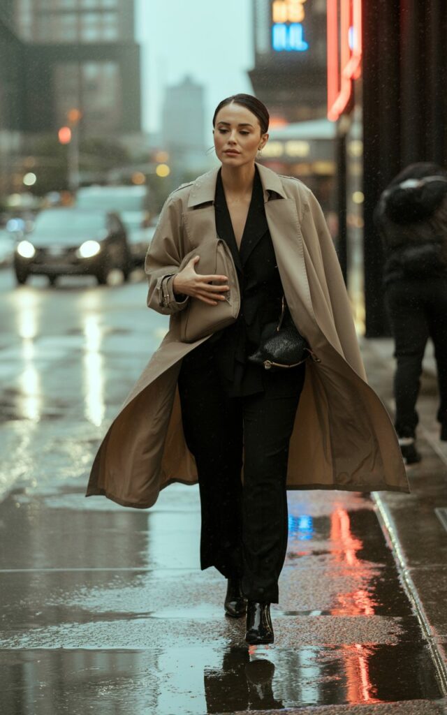 A rainy city sidewalk with reflections on the pavement. The woman wears a beige trench coat over an all-black outfit with ankle boots and carries a structured bag. Her hair is sleek, makeup polished but natural. The overcast light creates a cinematic mood.