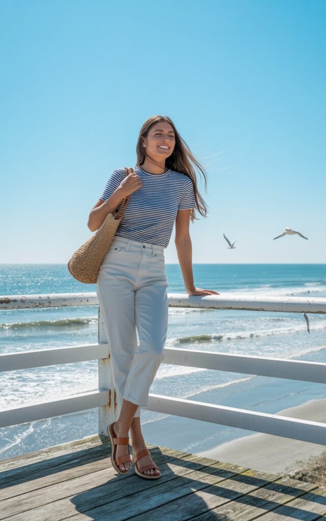 A seaside boardwalk scene under bright blue skies. The model wears a navy-and-white striped tee tucked into cropped white jeans, with tan sandals and a woven tote bag. Her hair is loose and windswept. She leans on a railing, smiling at the ocean.