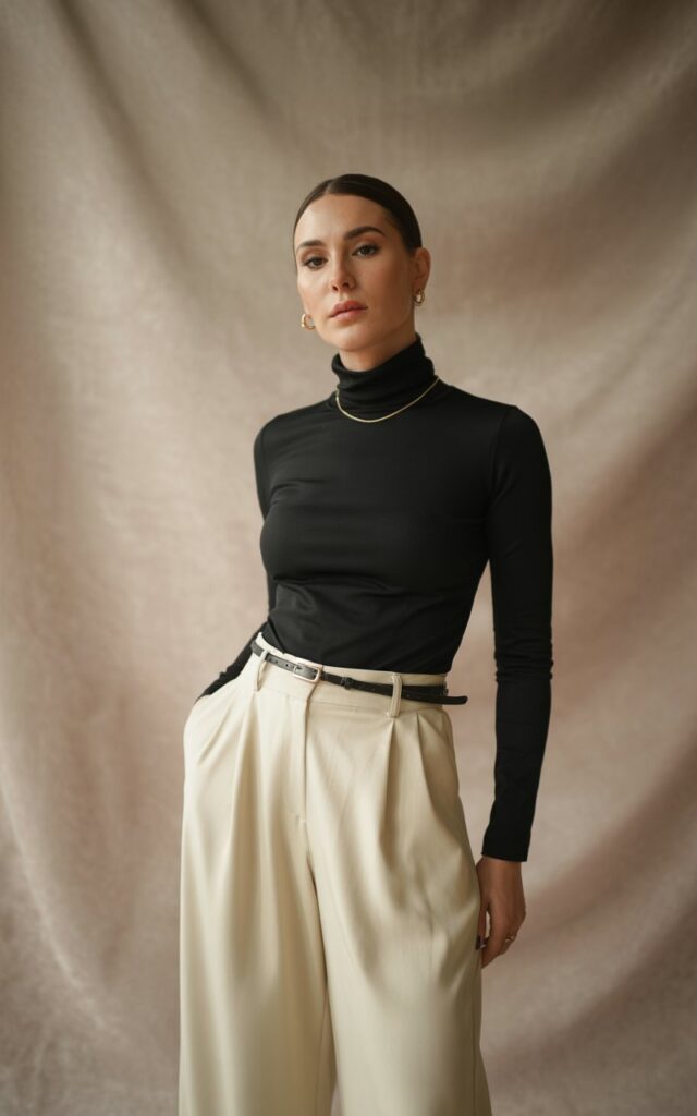 A studio photo with soft, diffused lighting. The woman stands confidently against a beige backdrop wearing a black fitted turtleneck tucked into cream wide-leg trousers, belted at the waist. She wears heeled ankle boots and minimal gold jewelry. Her hair is in a sleek bun, expression calm and poised.