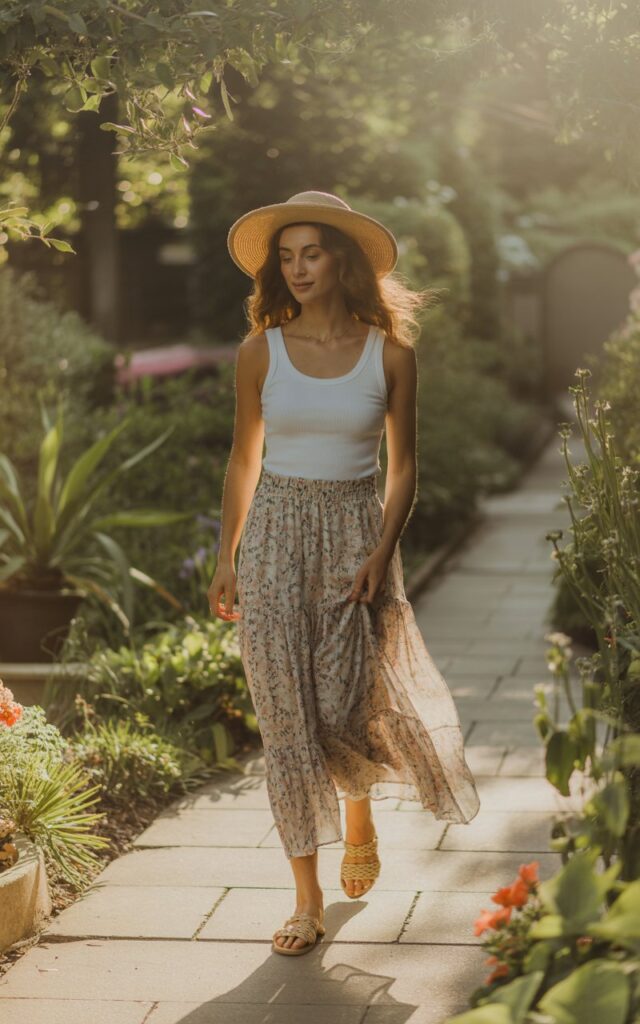 A sunny garden walkway. The woman wears a white ribbed tank with a flowing floral maxi skirt, sandals, and a straw hat. Her hair is soft and natural, expression relaxed. She stands mid-step, surrounded by greenery in golden-hour light.