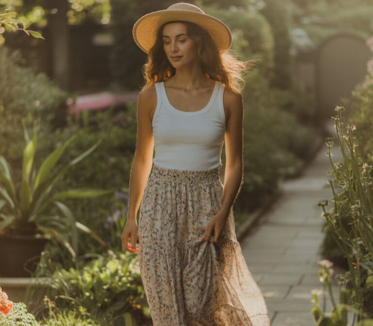 A sunny garden walkway. The woman wears a white ribbed tank with a flowing floral maxi skirt, sandals, and a straw hat. Her hair is soft and natural, expression relaxed. She stands mid-step, surrounded by greenery in golden-hour light.